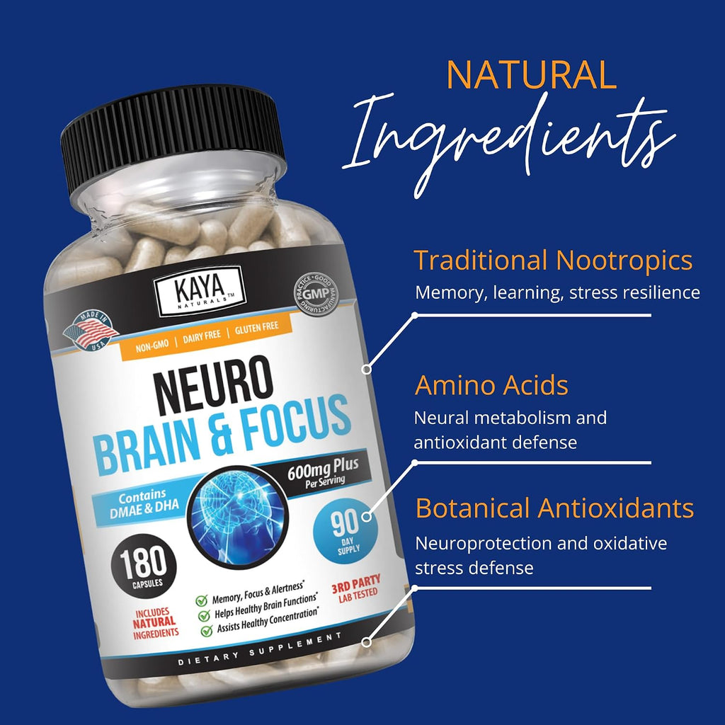 Kaya Naturals Neuro Brain - Suplemento Nootrópico para Memoria y Concentración (180 Cápsulas)