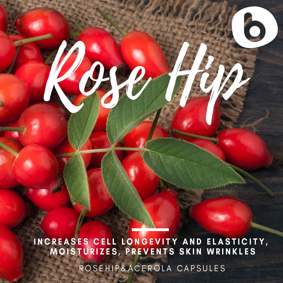 b Natural Cápsulas de Rosa Mosqueta y Acerola - Vitamina C vegetal 1000 mg - Sin ácido ascórbico - 90 cápsulas veganas