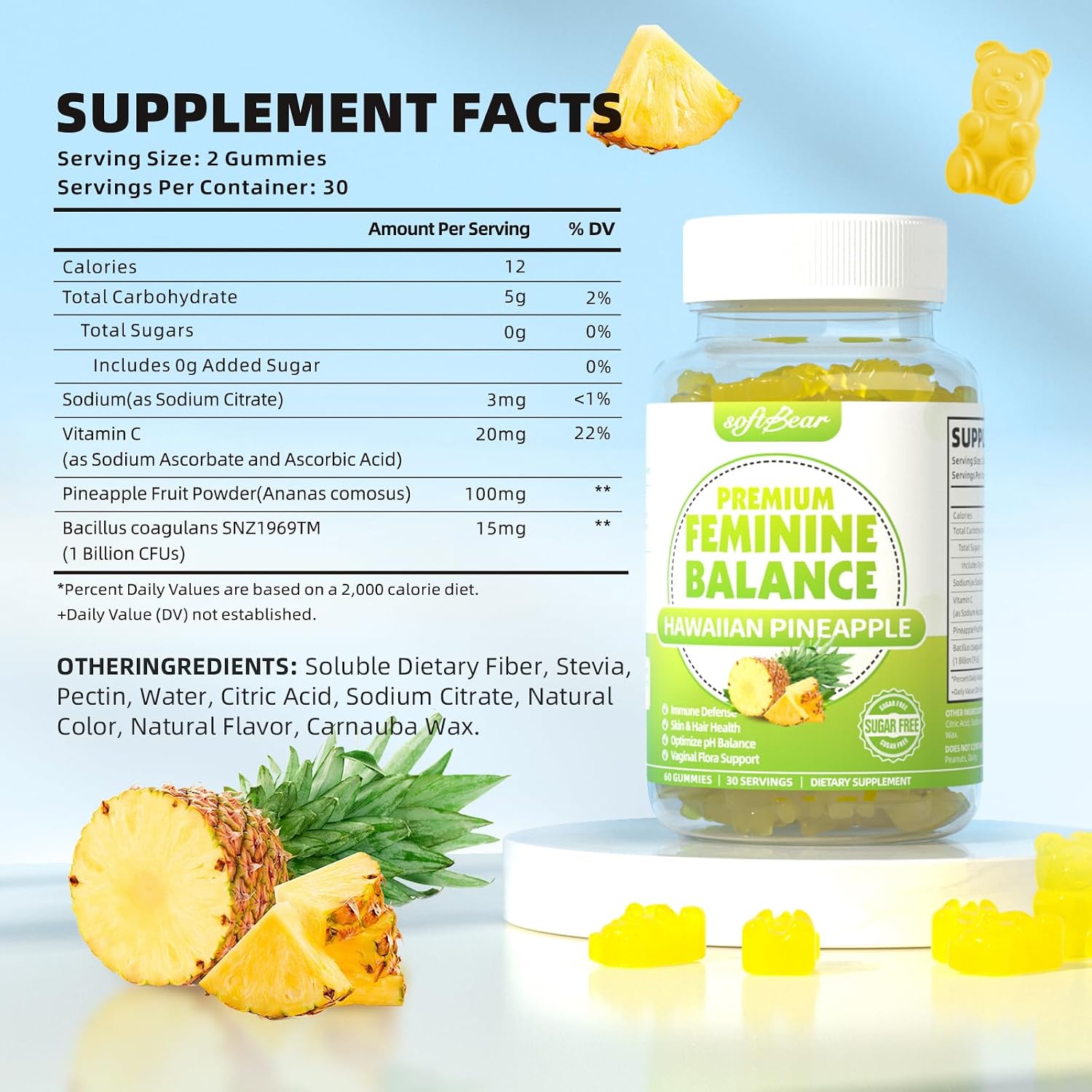 Softbear Gominolas Premium para el Equilibrio Femenino - Sabor Piña - 60 uds