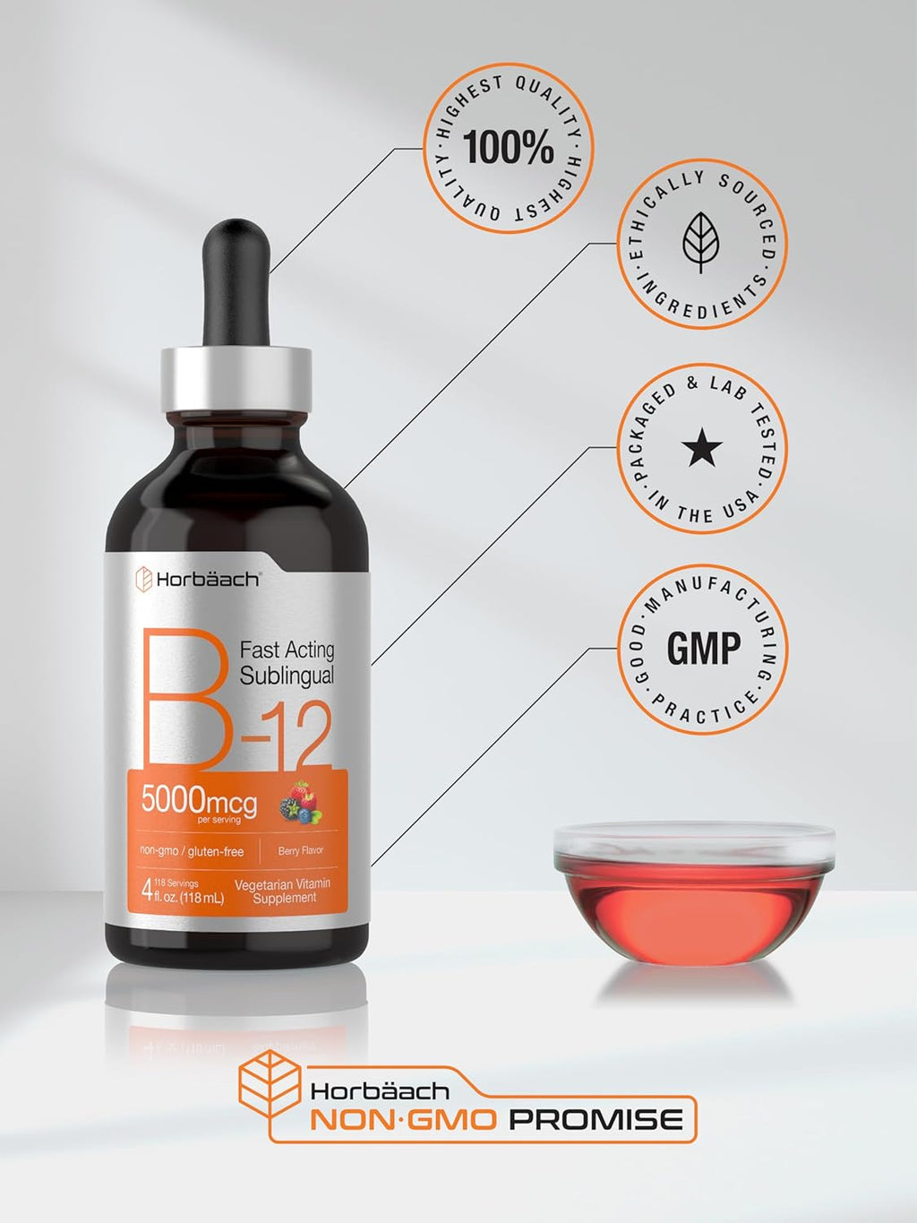 Horbaach Vitamina B12 5000 mcg Sublingual | Gotas Líquidas con Metilcobalamina y Cianocobalamina | Sabor Berry | Sin Gluten y No-GMO