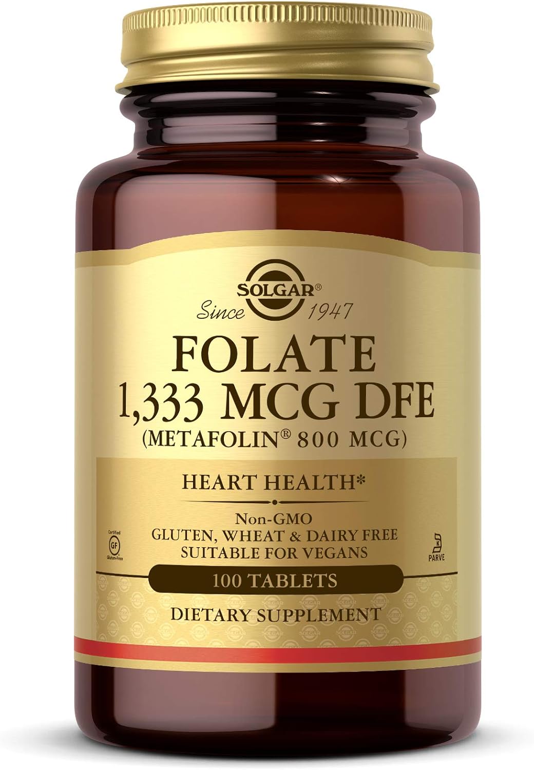 Solgar Folate 1,333 mcg DFE (Metafolin 800 mcg) - 100 Comprimidos - Complemento Prenatal - Sin OGM, Sin Gluten, Sin Lácteos, Kosher - 100 Dosis