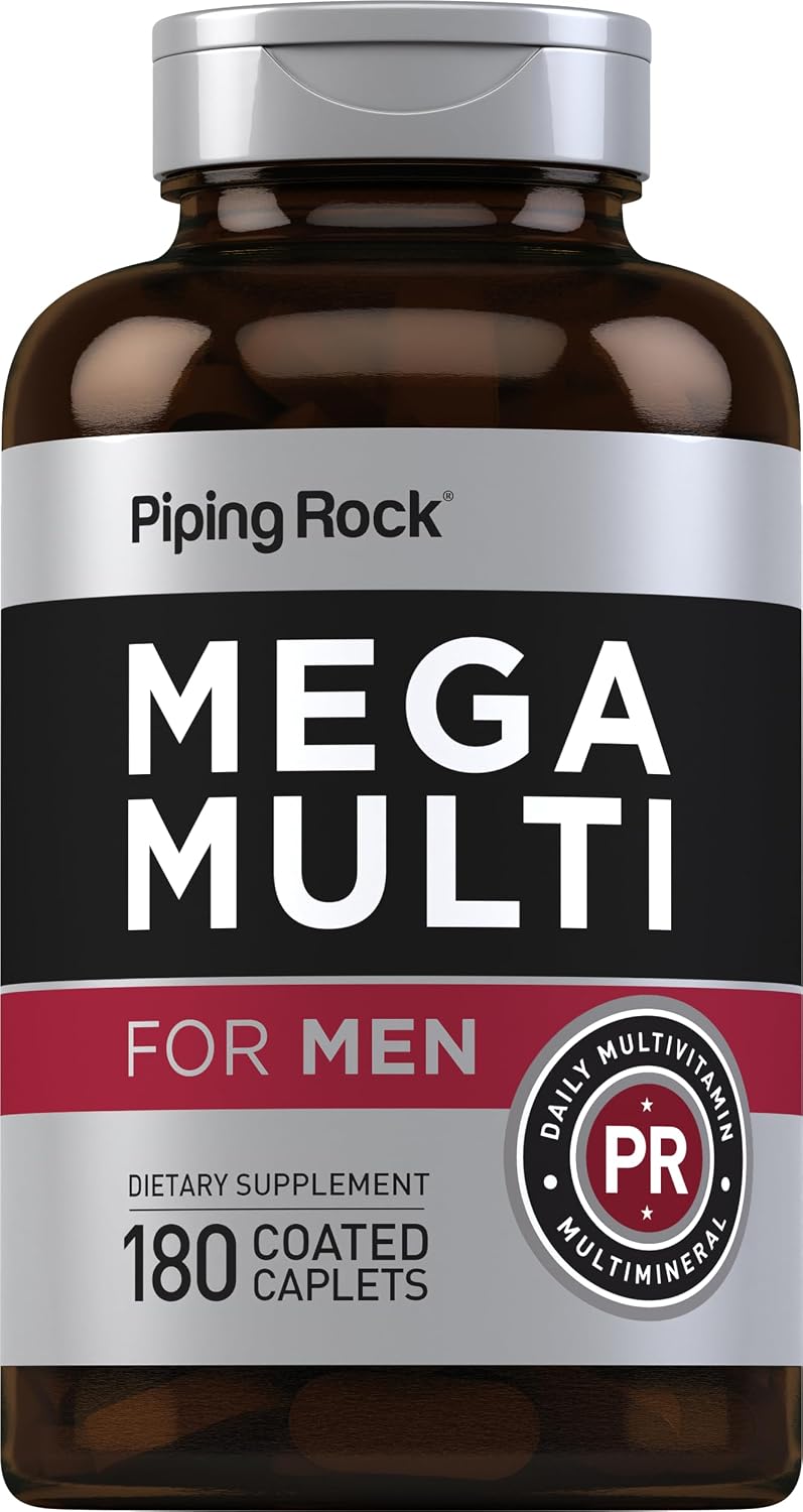 Piping Rock Multivitamínico para Hombres | 180 Caplets | Mega Men Multivitamins | No GMO, Sin Gluten