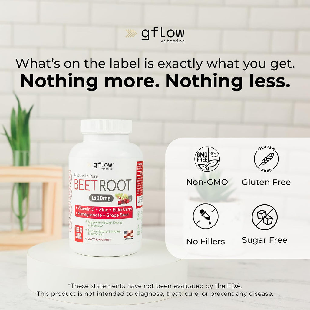 Gflow Vitamins Cápsulas de Remolacha Orgánicas con Vitamina C y Zinc - 180 Cápsulas Veganas
