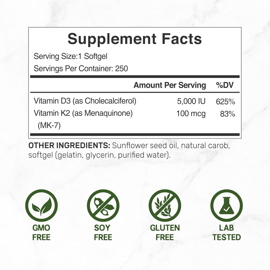 DEAL SUPPLEMENT Vitamina D3 5000 UI + K2 MK7, 250 Cápsulas Blandas