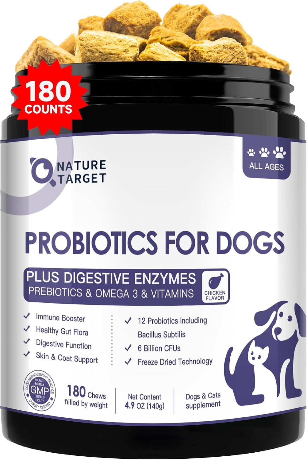 NATURE TARGET Probiotics for Dogs, 6 Billion CFUs, Freeze Dried Dog Probiotics with Prebiotics & Enzymes for Dogs, 180 Count