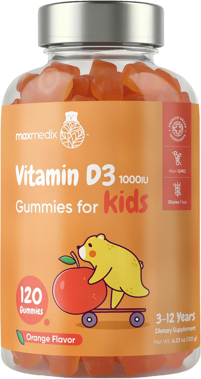 maxmedix Kids Vitamin D3 1000IU | 120 Gominolas de Vitamina D para Niños | Sabor Naranja Natural | Bajo en Azúcar | Sin Gluten | 4 Meses de Suministro