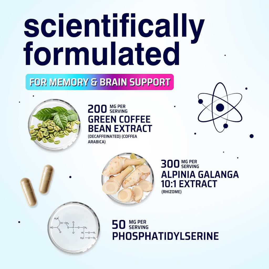 Nature's Strength Suplemento de Memoria y Concentración - Nootrópicos 3X con Bacopa, Fosfatidilserina y DMAE - 120 Cápsulas
