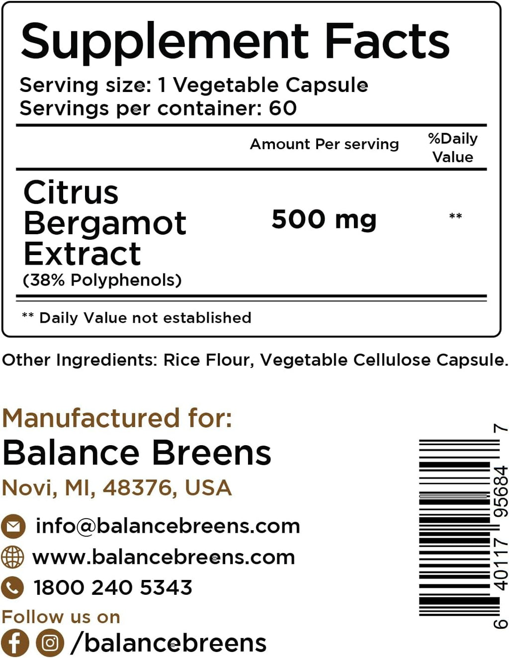 Citrus Bergamot 500mg, 60 Cápsulas Veganas - Suplemento Avanzado de Bergamota para el Metabolismo