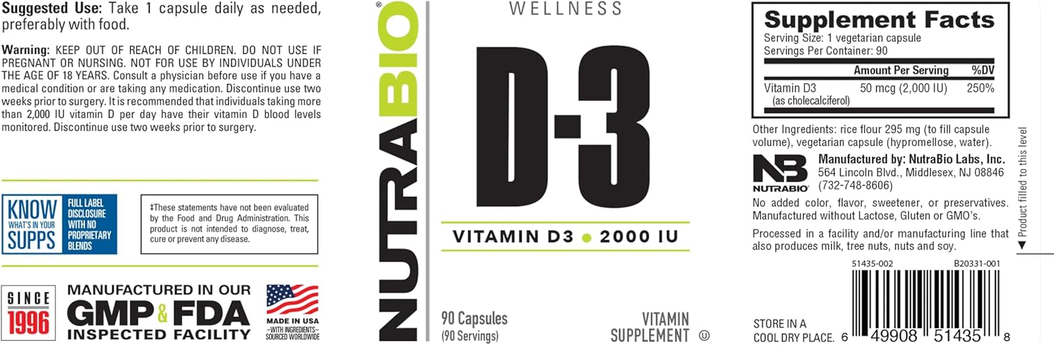 NutraBio Vitamin D (2000 UI) - 90 Cápsulas Vegetales - Apoyo Inmunitario