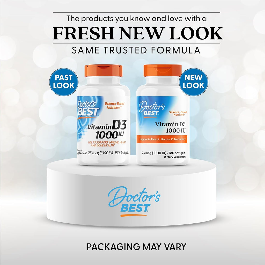 Doctor's Best Vitamina D3 1000 UI, 180 Cápsulas Blandas - Suplemento de Vitamina D para el Sistema Inmunológico y Huesos