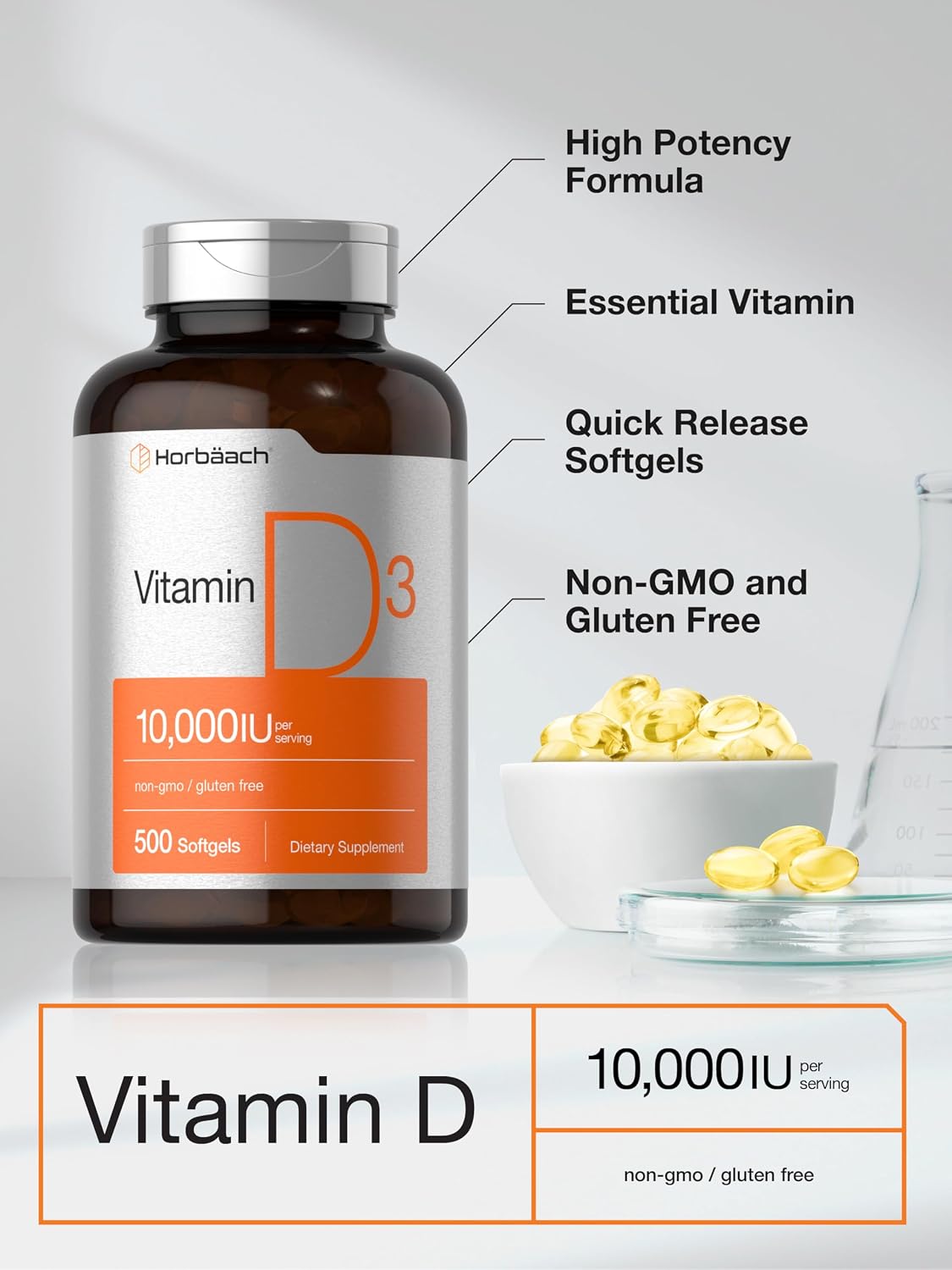 Horbäach Vitamina D3 10000 IU - 500 Softgels | Suplemento No-GMO, Sin Gluten, Alta Potencia (250 mcg)