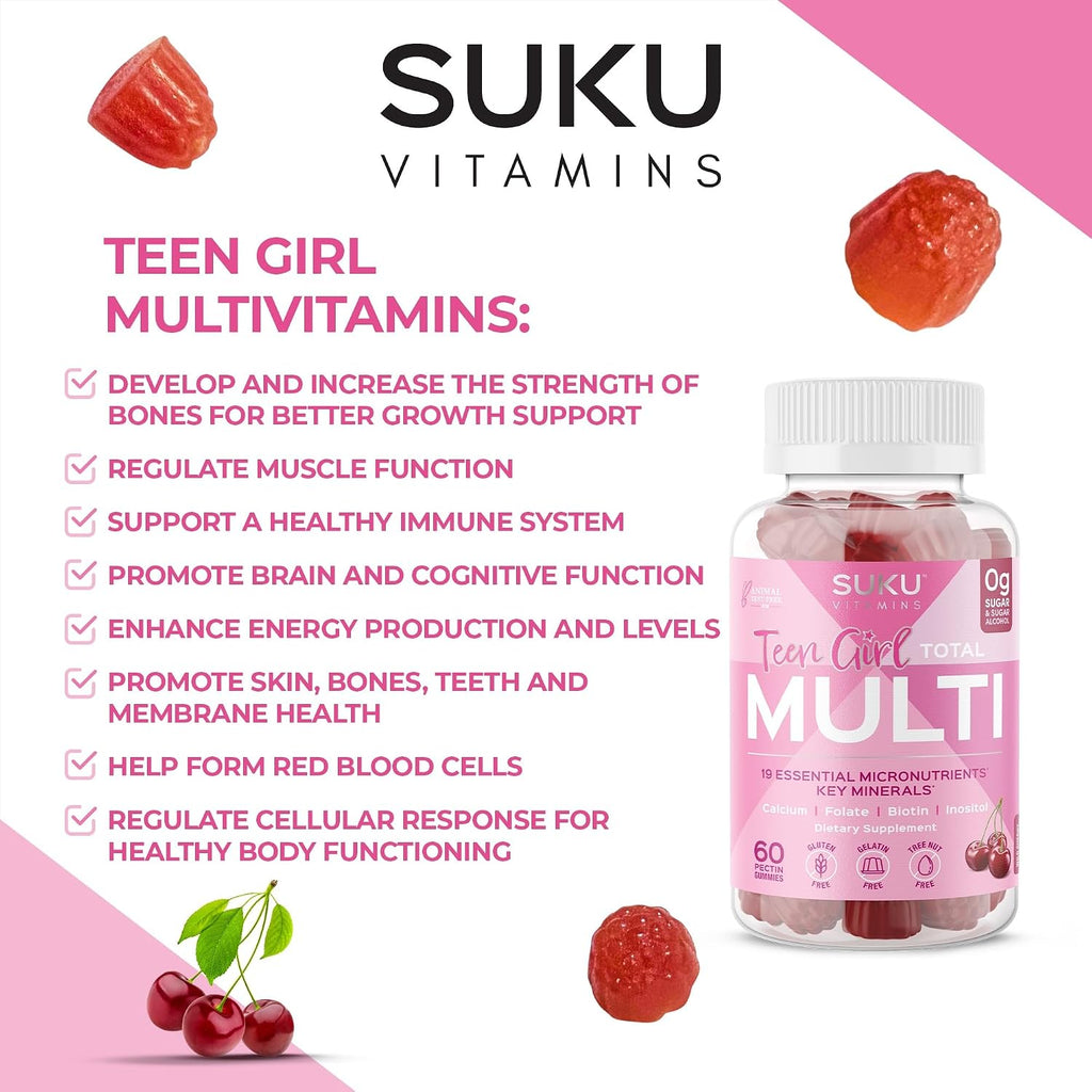 SUKU Gominolas Multivitamínicas para Chicas Adolescentes - Sin Azúcar - 60 Gomitas Sabor Cereza