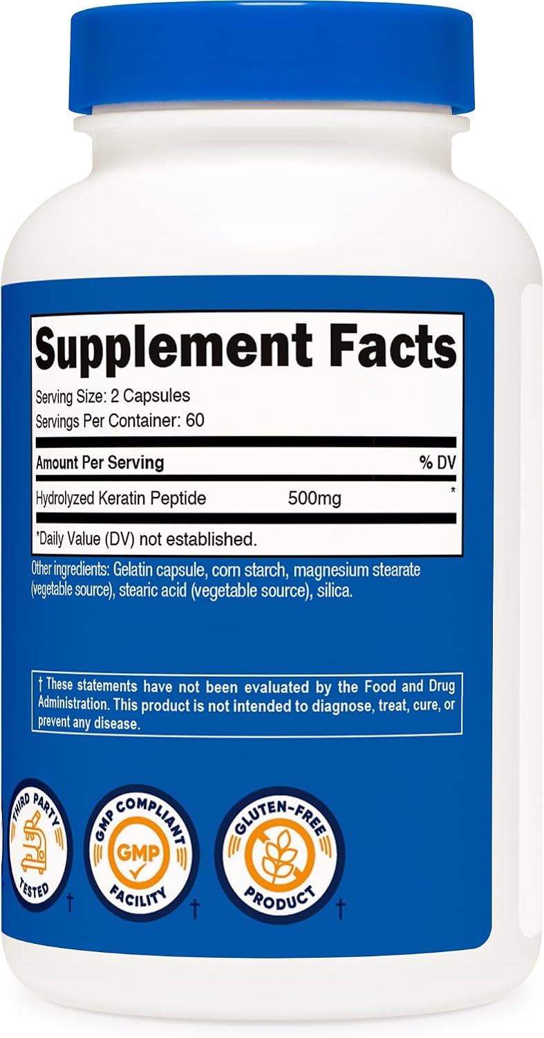 Nutricost Queratina Hidrolizada en Péptidos - 500mg, 120 Cápsulas (60 Porciones) - Fórmula No Transgénica y Sin Gluten