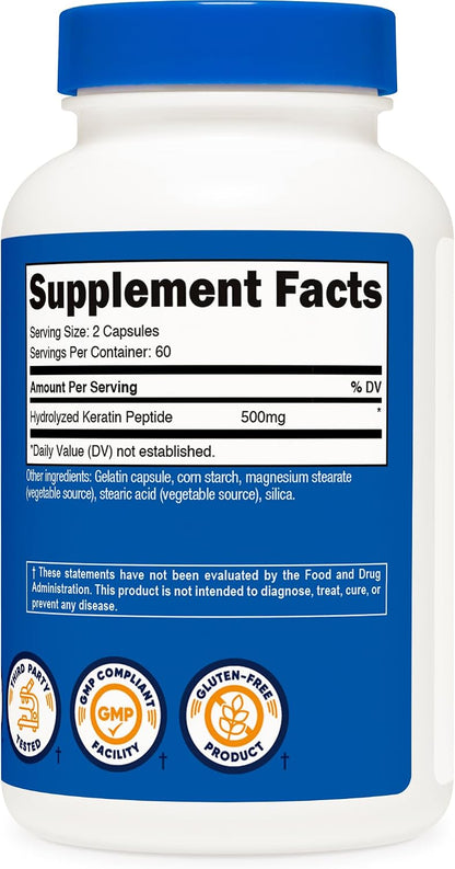 Nutricost Queratina Hidrolizada en Péptidos - 500mg, 120 Cápsulas (60 Porciones) - Fórmula No Transgénica y Sin Gluten – Image 5