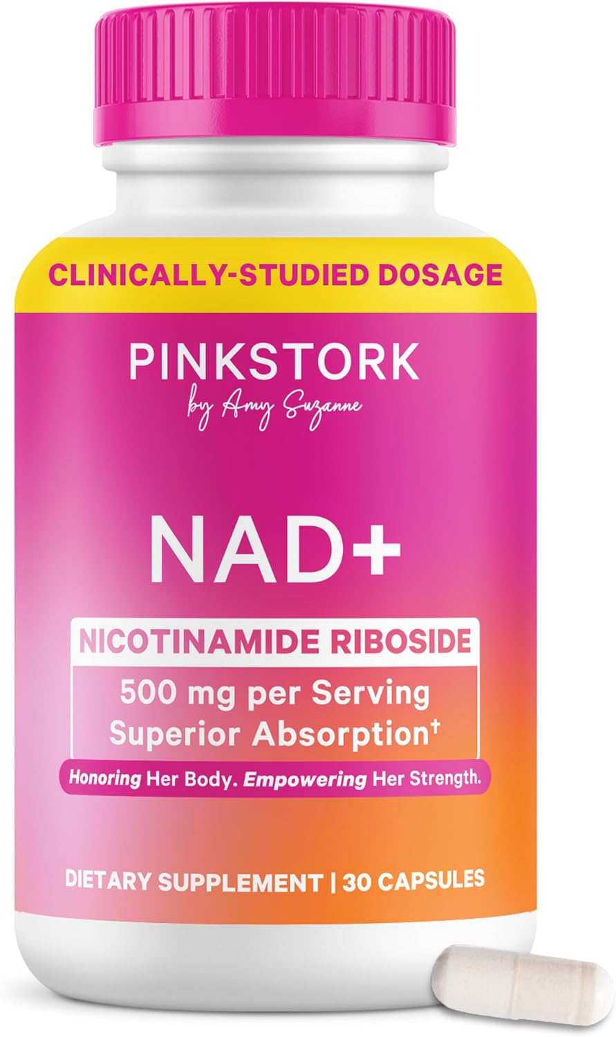 Pink Stork NAD+ Supplement for Women Over 30 | 500 mg Nicotinamide Riboside NR | 30 Cápsulas