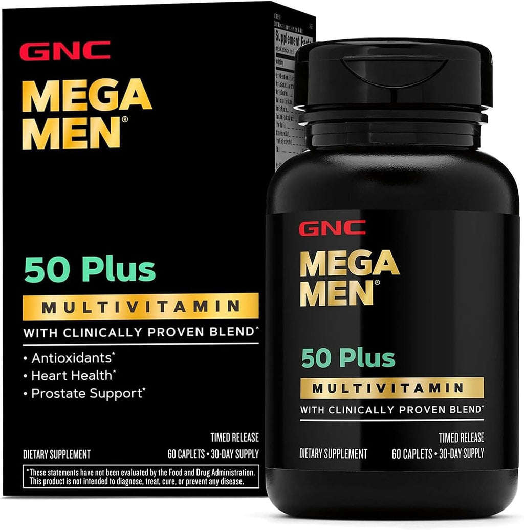 GNC Mega Men 50 Plus Multivitamínico para Hombres, Salud Cardíaca y Prostática, Vitaminas B, Saw Palmetto, Vitamina D-3, 60 Comprimidos