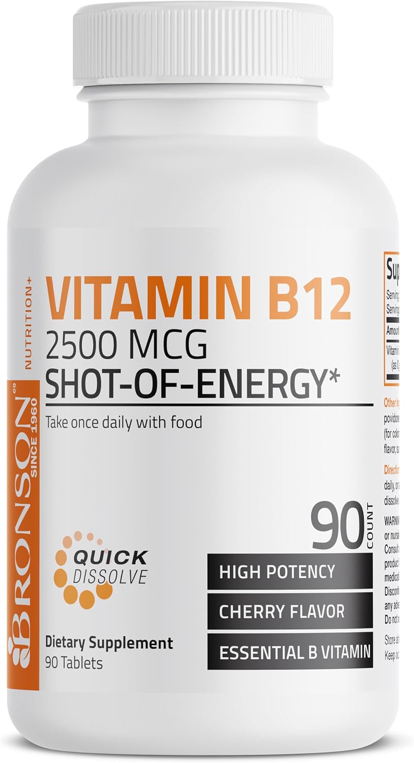 Bronson Vitamina B12 2500mcg, 90 Comprimidos Masticables Sabor Cereza - Sublingual de Rápida Absorción