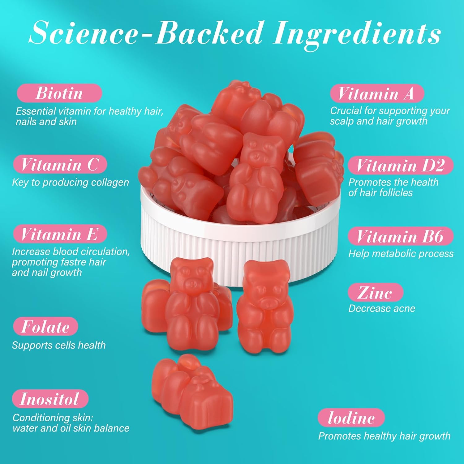 Lazpowfi Gomitas de Biotina para Cabello, Piel y Uñas - Vegano, 60 Días (2 Envases) - Sabor Fresa