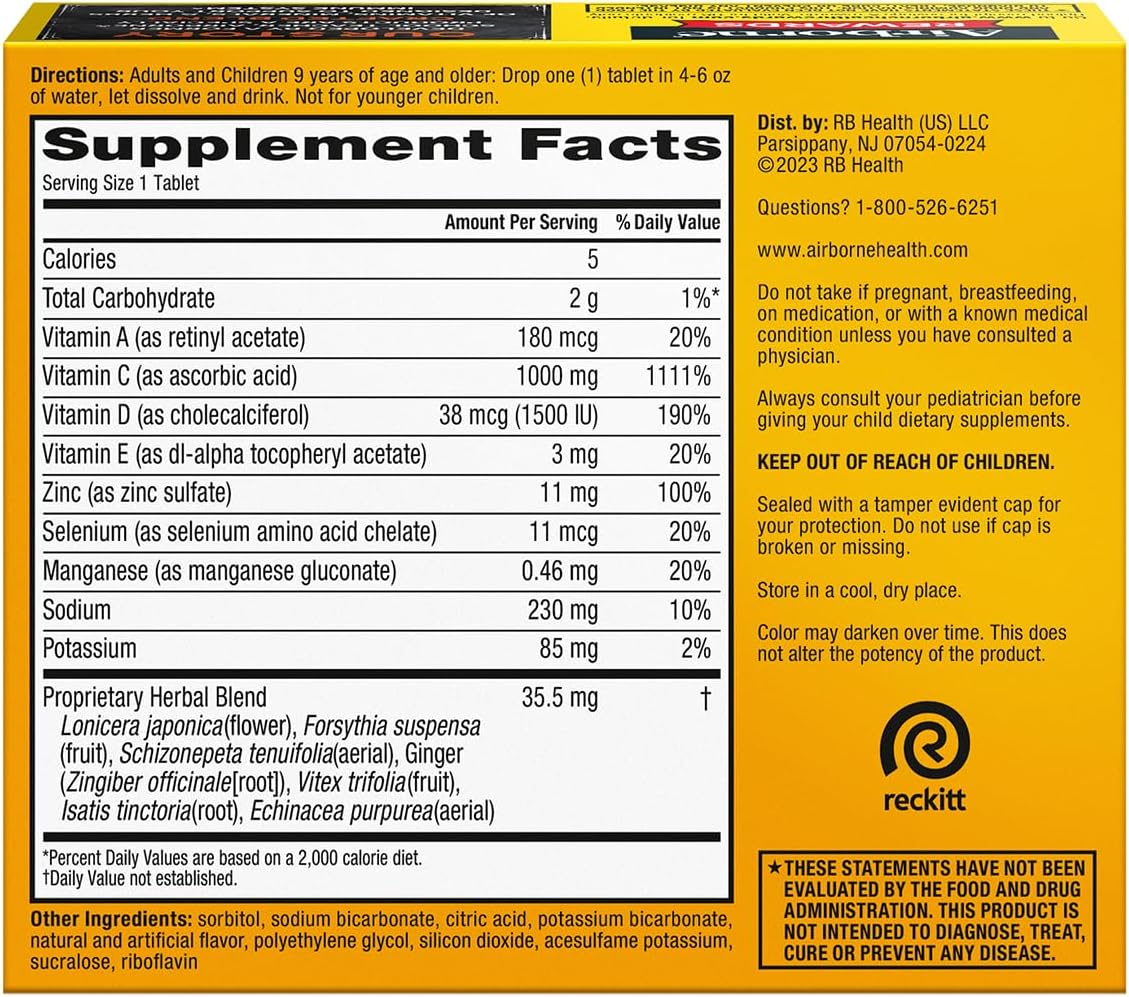 Airborne Vitamina C 1000 mg + Zinc Efervescente - 90 Comprimidos, Sabor Naranja