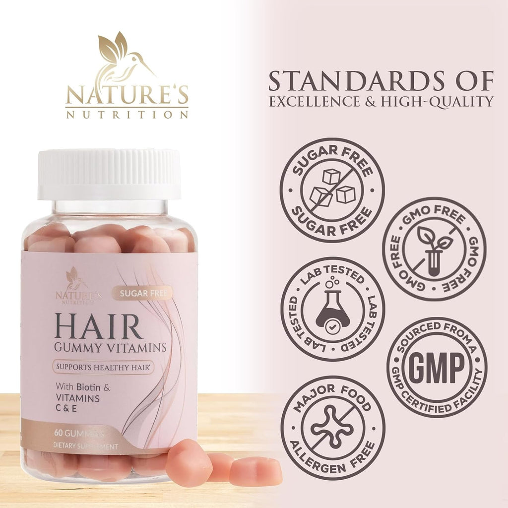 Hair Vitamins Gummies - Gominolas Sin Azúcar con Biotina 5000 mcg, Vitaminas A, B12, C, D, E y Ácido Fólico - 60 Gominolas