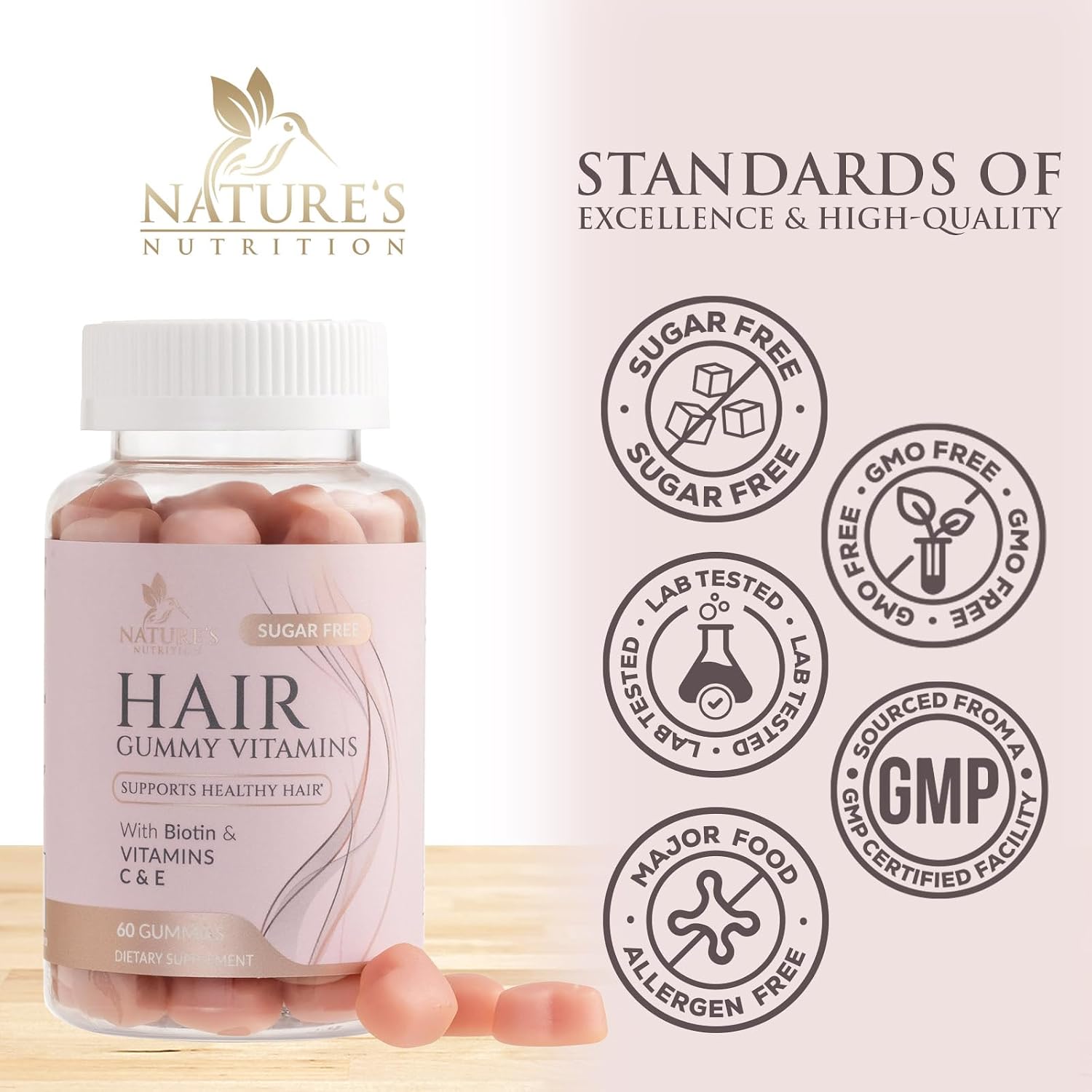 Hair Vitamins Gummies - Gominolas Sin Azúcar con Biotina 5000 mcg, Vitaminas A, B12, C, D, E y Ácido Fólico - 60 Gominolas