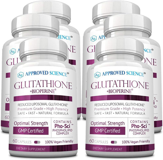 Approved Science® Glutatión 500 mg con Complejo Fosfolípido, Vitamina C y BioPerine - 6 Envases de 60 Cápsulas