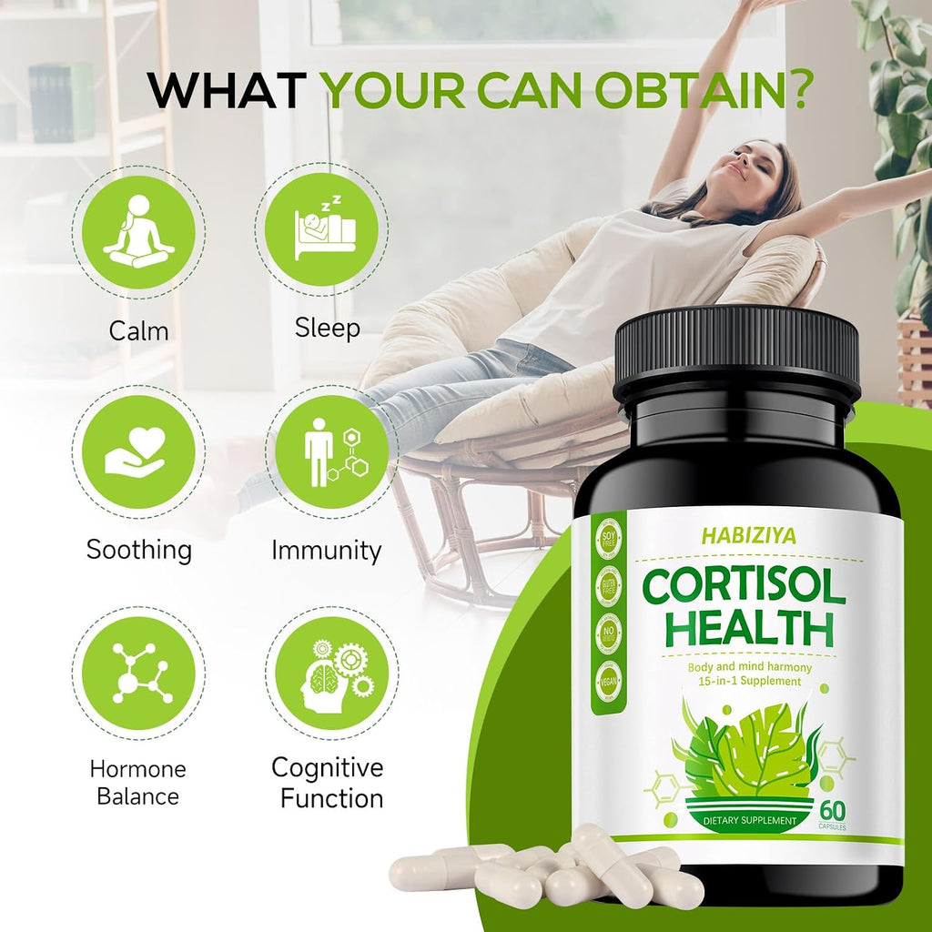Suplemento de Control de Cortisol 15 en 1 con Magnesio Glicinato, L-Teanina, Ashwagandha y Rhodiola Rosea – 60 Cápsulas