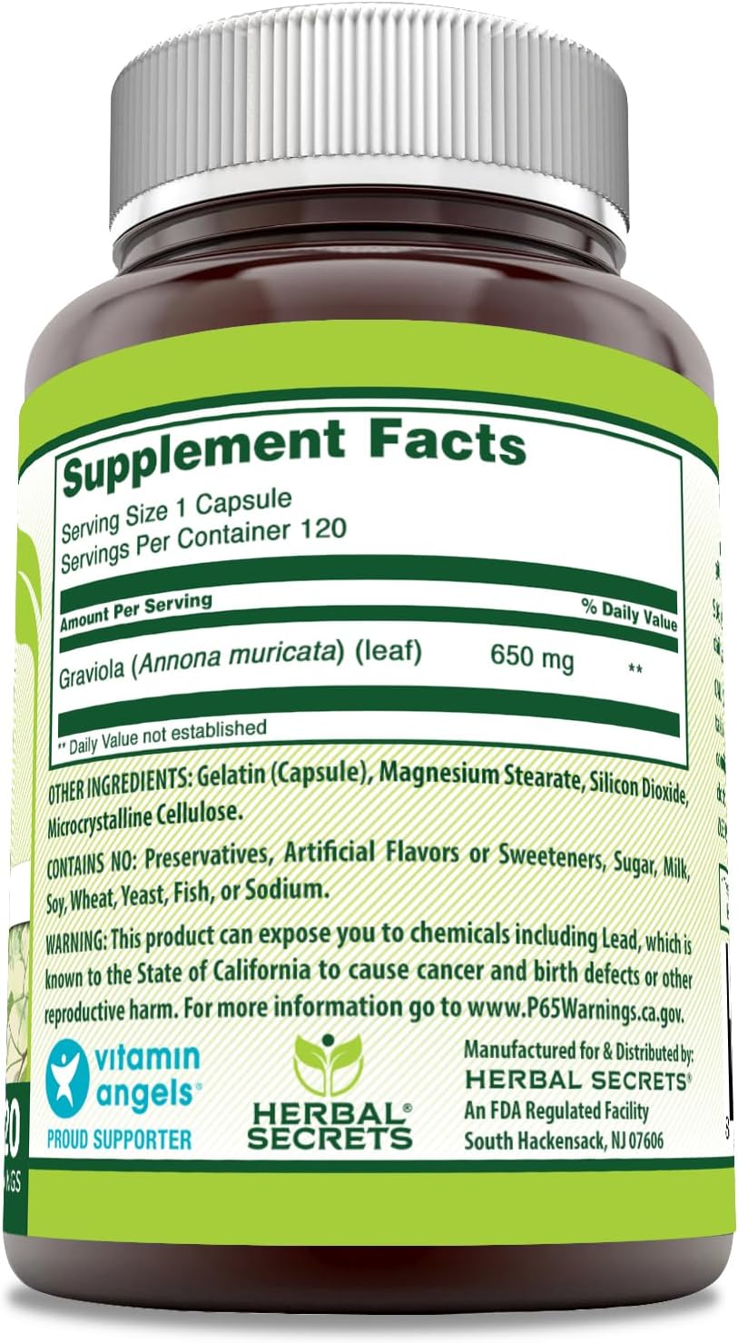 Herbal Secrets Graviola 650 mg - 120 Cápsulas Vegetales - Complemento Alimenticio