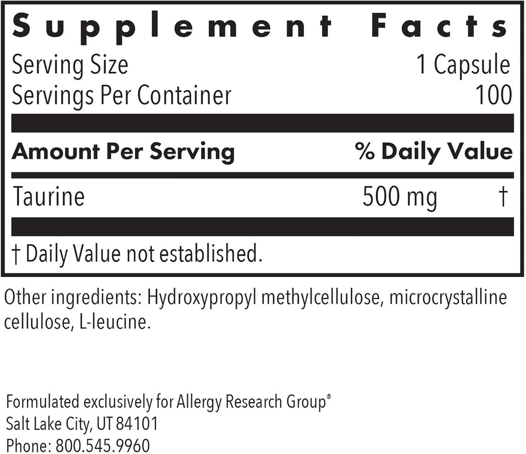 Nutricology Taurina 500 mg - Suplemento de Aminoácido en Forma Libre - 100 Cápsulas Vegetarianas