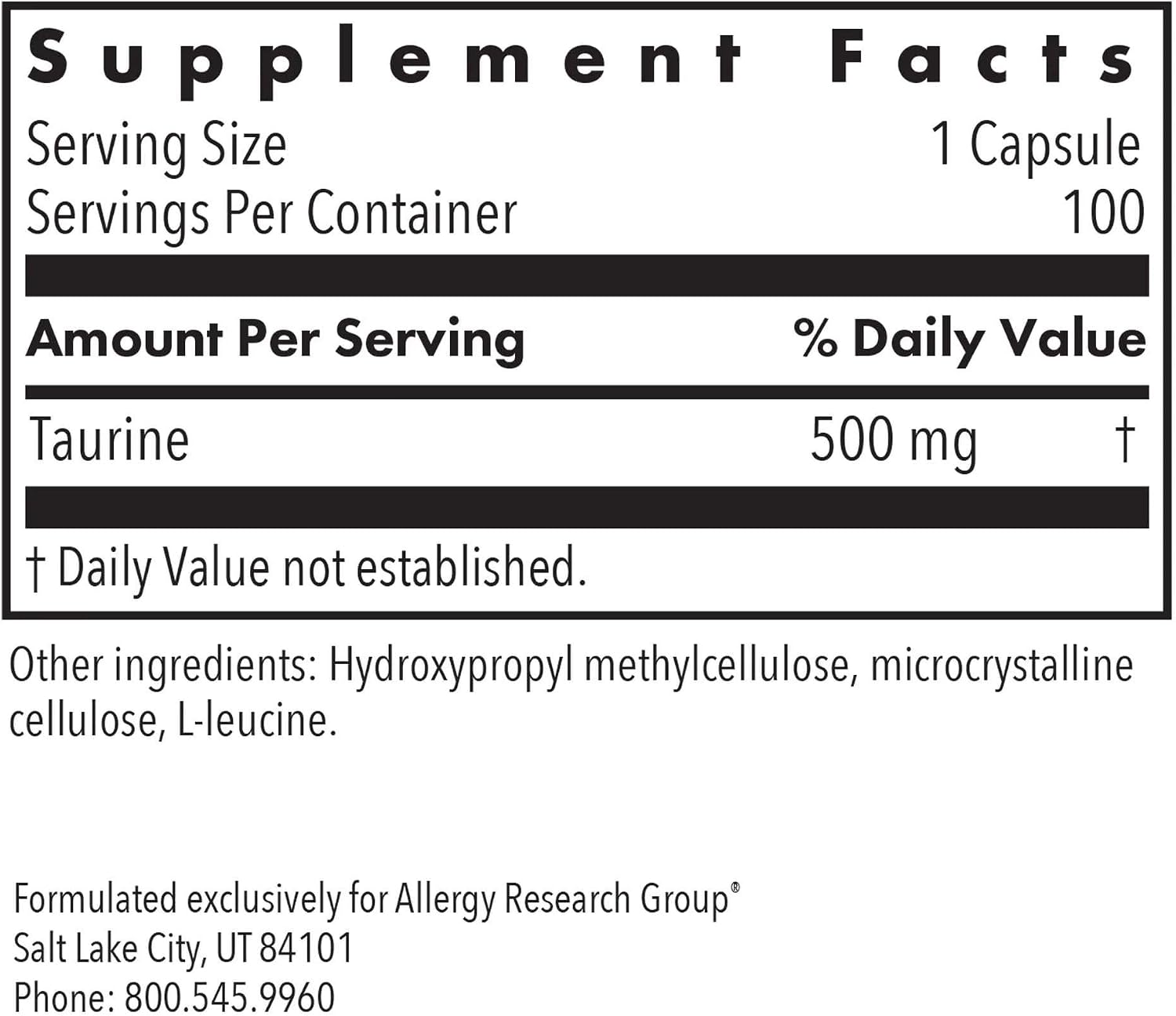 Nutricology Taurina 500 mg - Suplemento de Aminoácido en Forma Libre - 100 Cápsulas Vegetarianas