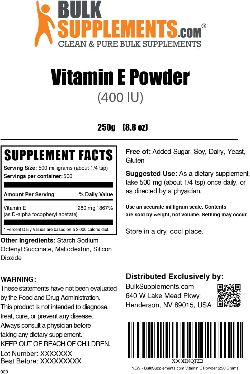 Vitamina E 400 UI en polvo - D-alfa-tocoferol, 500 mg por porción, 250 g