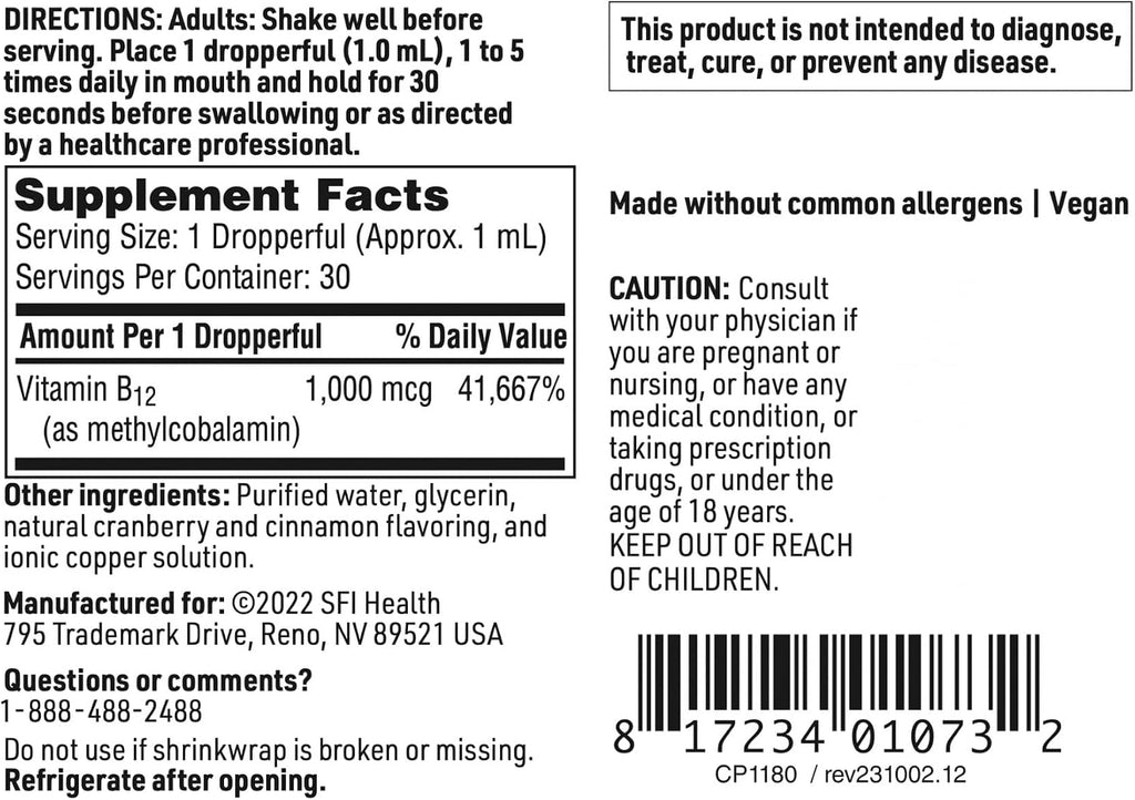 Klaire Labs SFI Health Vitamina B12 Líquida, 1 mg (1000 mcg) de Metilcobalamina, 30 ml