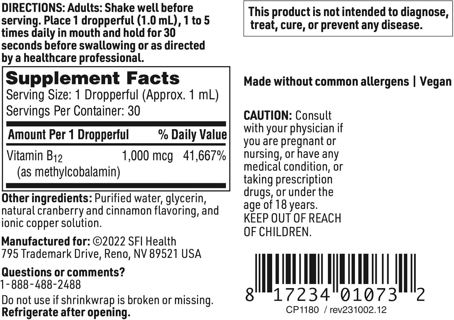 Klaire Labs SFI Health Vitamina B12 Líquida, 1 mg (1000 mcg) de Metilcobalamina, 30 ml