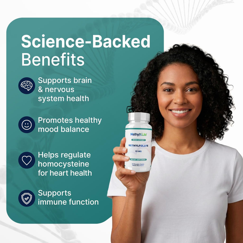 Methyl-Life® L-Methylfolate 15 mg – Suplemento de Folato Activo con Cerebrofolate® – Comprimidos Masticables, 90 Unidades