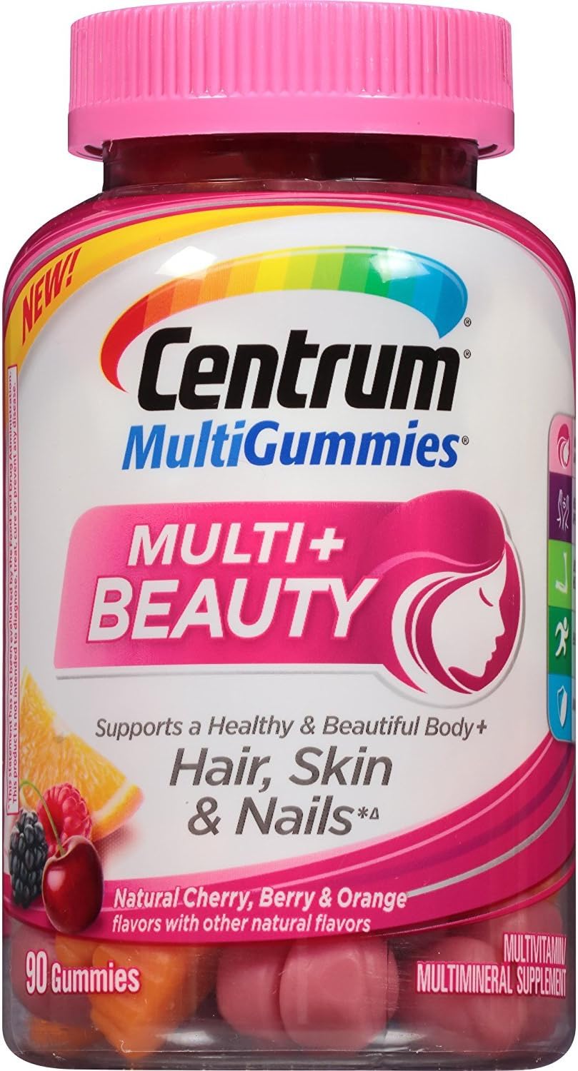 Centrum MultiGummies + Belleza Multivitamínico para Mujeres, Gomitas para Piel, Cabello y Uñas con Antioxidantes, Vitaminas D3 y B, Sabores Cereza/Baya/Naranja - 90 unidades