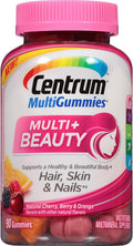 Centrum MultiGummies + Belleza Multivitamínico para Mujeres, Gomitas para Piel, Cabello y Uñas con Antioxidantes, Vitaminas D3 y B, Sabores Cereza/Baya/Naranja - 90 unidades