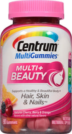 Centrum MultiGummies + Belleza Multivitamínico para Mujeres, Gomitas para Piel, Cabello y Uñas con Antioxidantes, Vitaminas D3 y B, Sabores Cereza/Baya/Naranja - 90 unidades