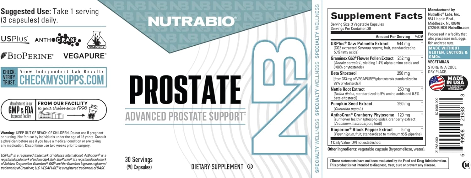 NutraBio Prostate: Advanced Prostate Function Support - Inflammation Defense and Antioxidant Support - 90 Cápsulas