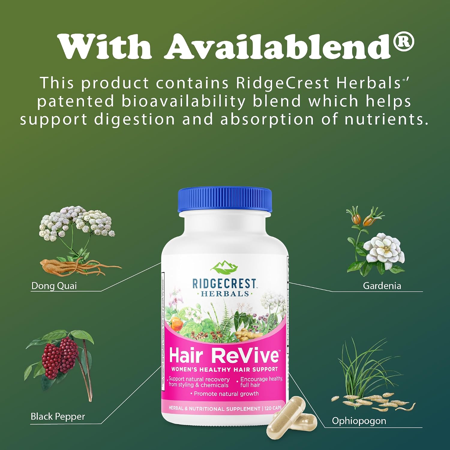 RidgeCrest Herbals Hair ReVive - Complemento Capilar con Biotina, Zinc y Cobre (120 Cápsulas, 30 Dosis)