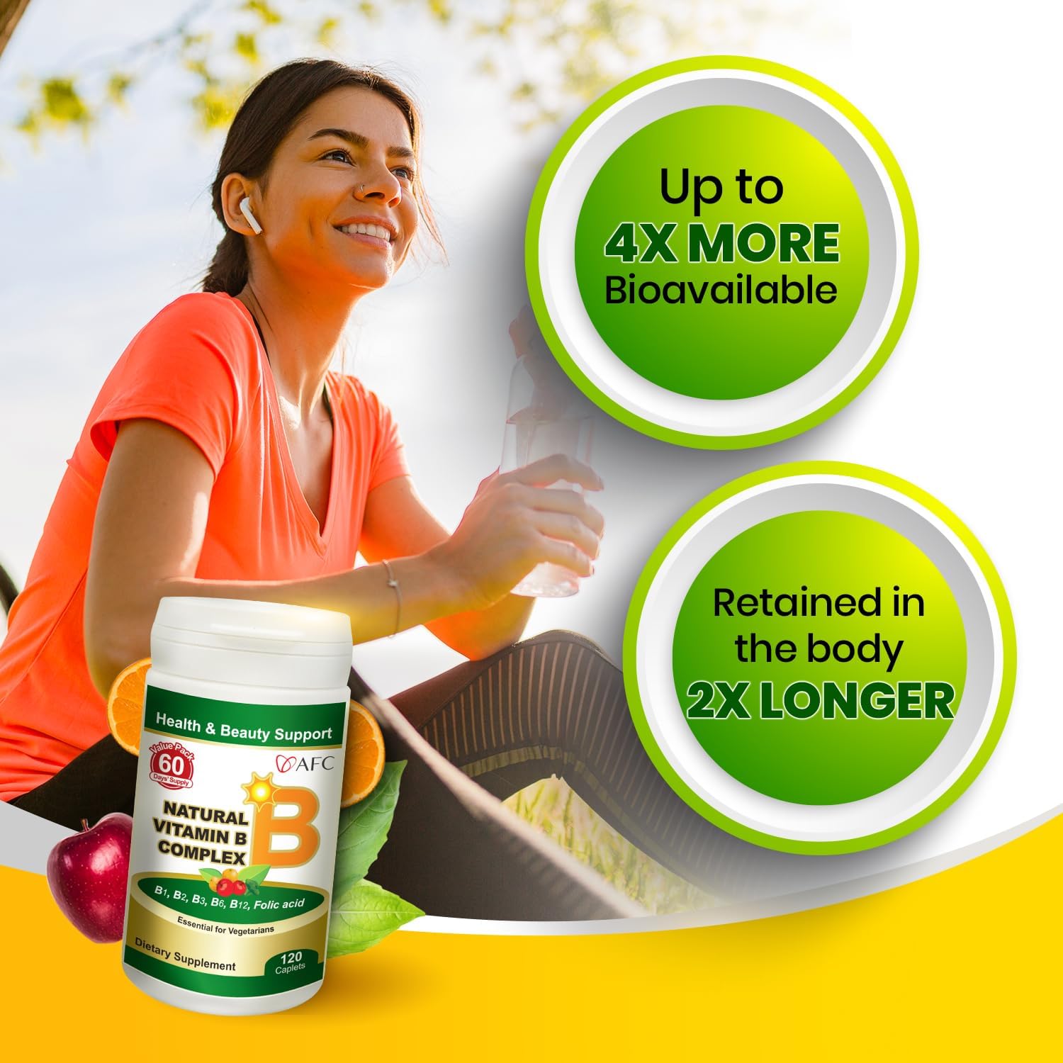 AFC Japan Complejo B Natural con Vitaminas B1, B2, B3, B6, B12, Ácido Fólico y Glutatión - 120 Comprimidos Veganos