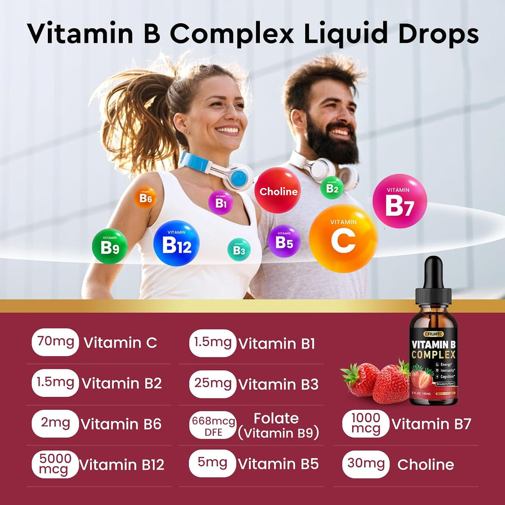 CFILIHTC Complejo B Líquido, Gotas de Vitaminas B con B1, B2, B3, B5, B6, B7, B9 y Metil B12 - Sabor Fresa, Vegano