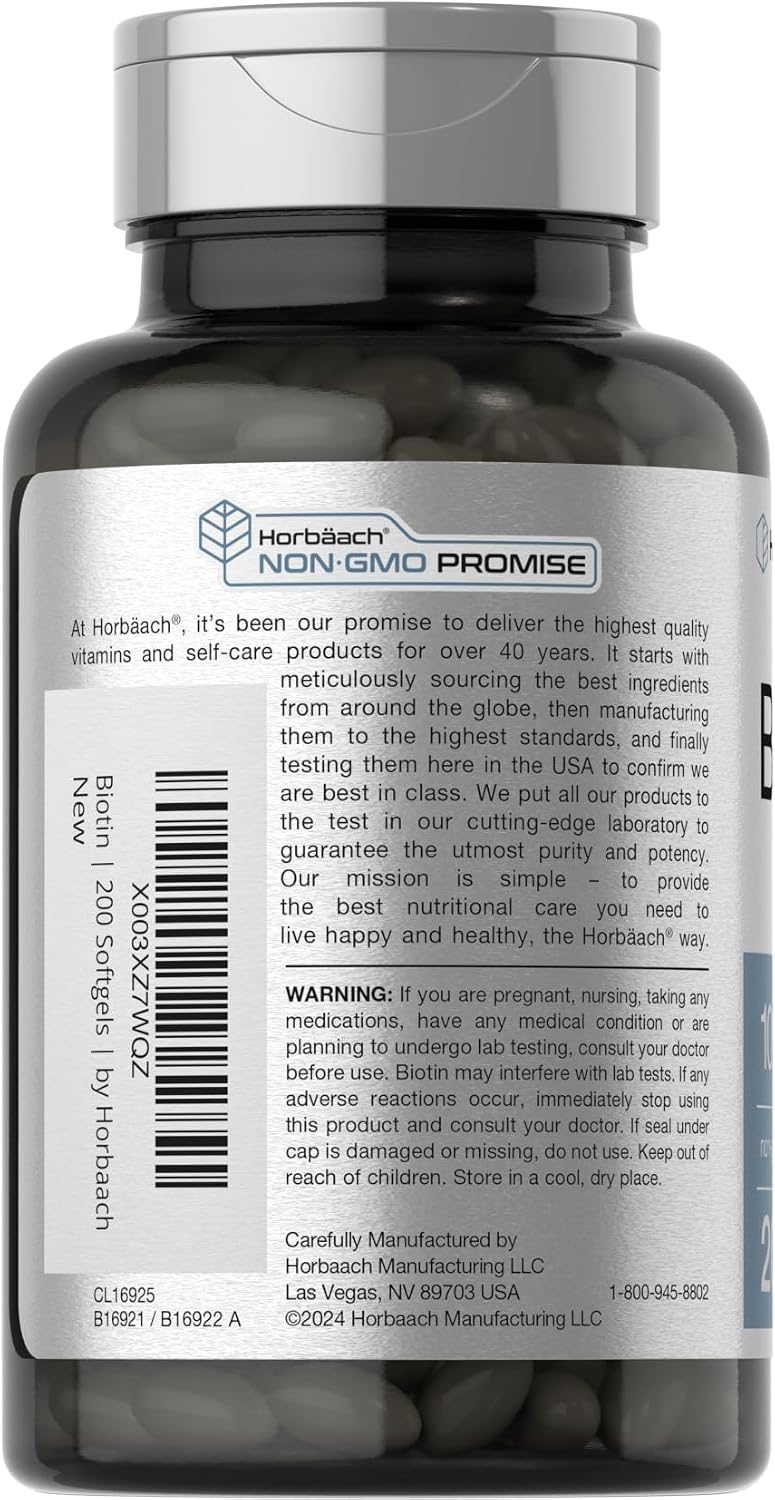 Horbäach Biotina 10.000 mcg - 200 Cápsulas Blandas - Suplemento de Biotina con Vitamina B7