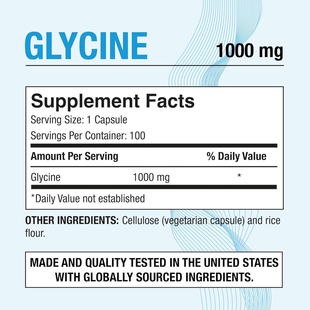 Puregen Labs Glicina 1000mg [Alta Potencia] 100 Cápsulas Vegetales - Suplemento de Glicina Pura
