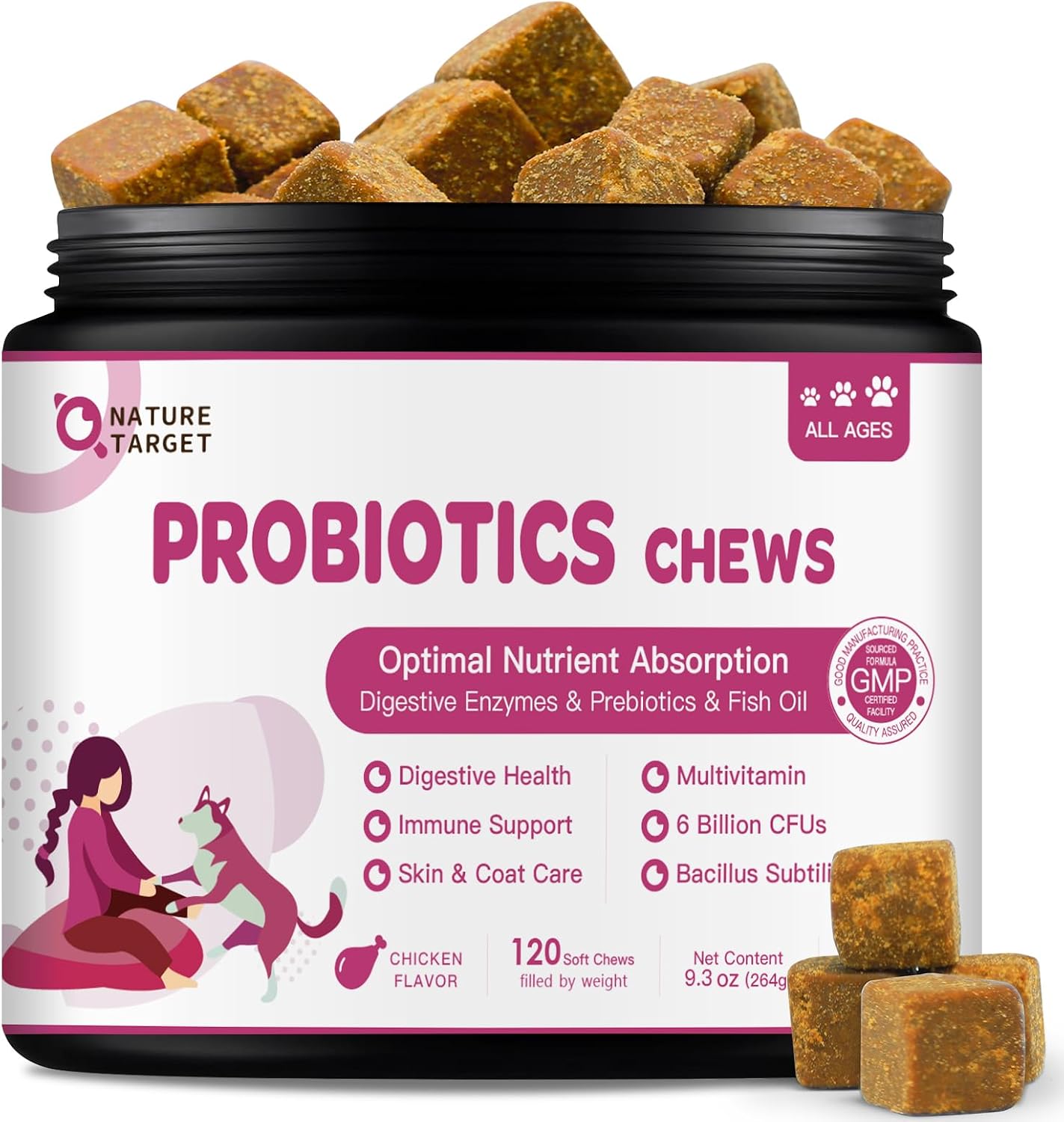 NATURE TARGET Probióticos para Perros, 120 Masticables Sabor Pollo con Enzimas Digestivas y Prebiótico