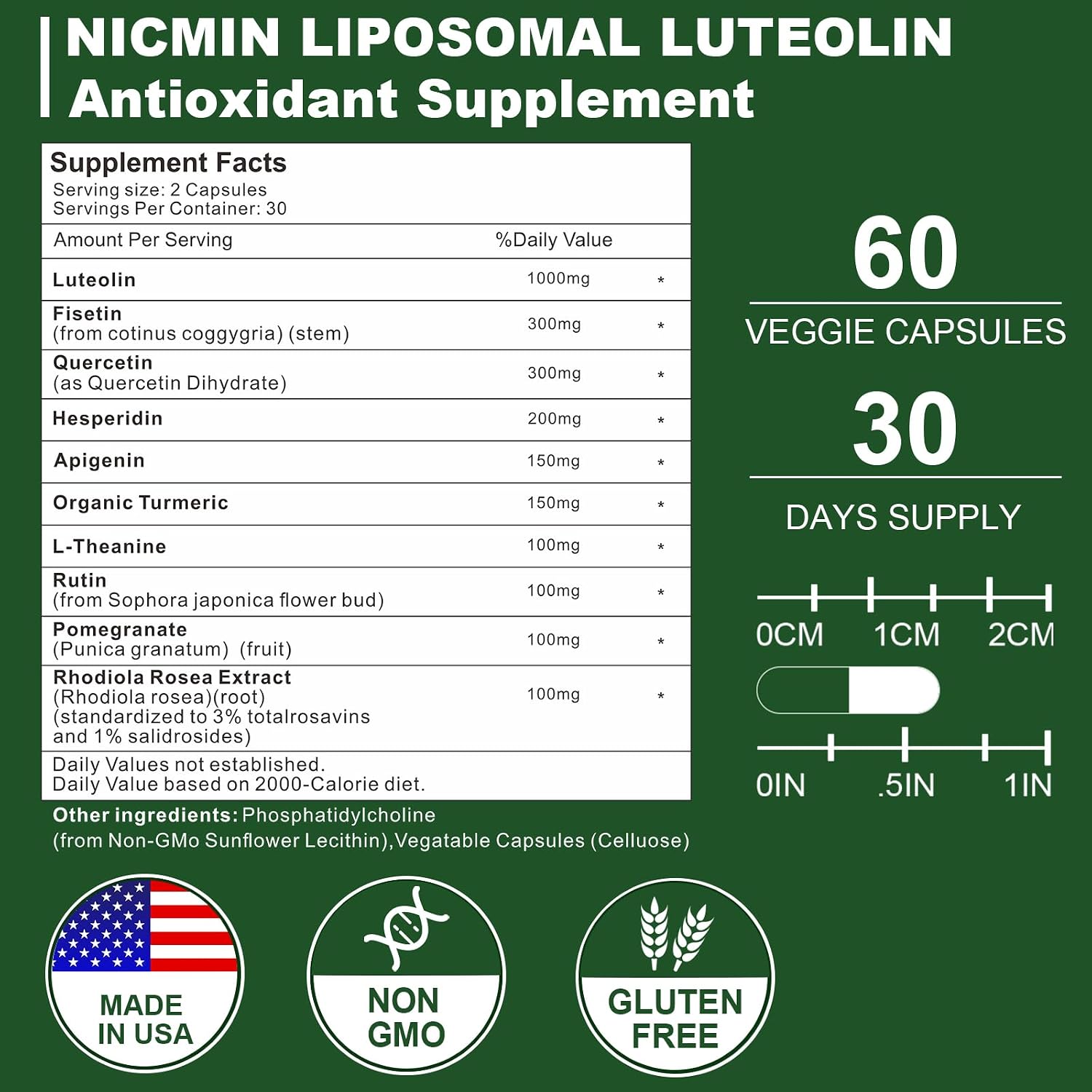 NICMIN 1000 mg Luteolina Liposomal, Máxima Absorción, 120 Cápsulas