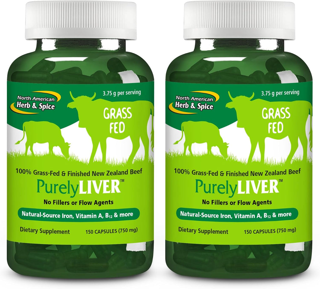 NORTH AMERICAN HERB & SPICE PurelyLiver - 150 Cápsulas (Pack de 2) - Hígado de Ternera 100% Alimentado con Hierba con Vitamina A, B12 y Hierro