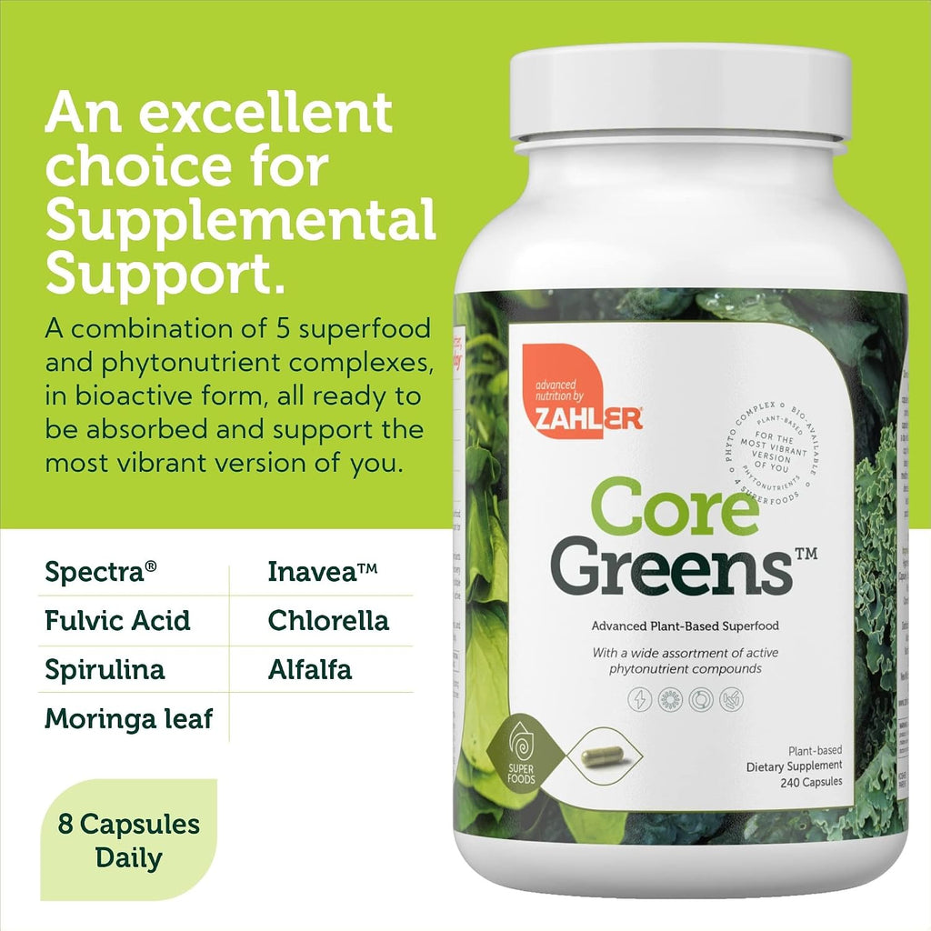Zahler Core Greens, Cápsulas de Superalimentos Verdes, con Espirulina, Chlorella y Spectra Blend, 240 Cápsulas