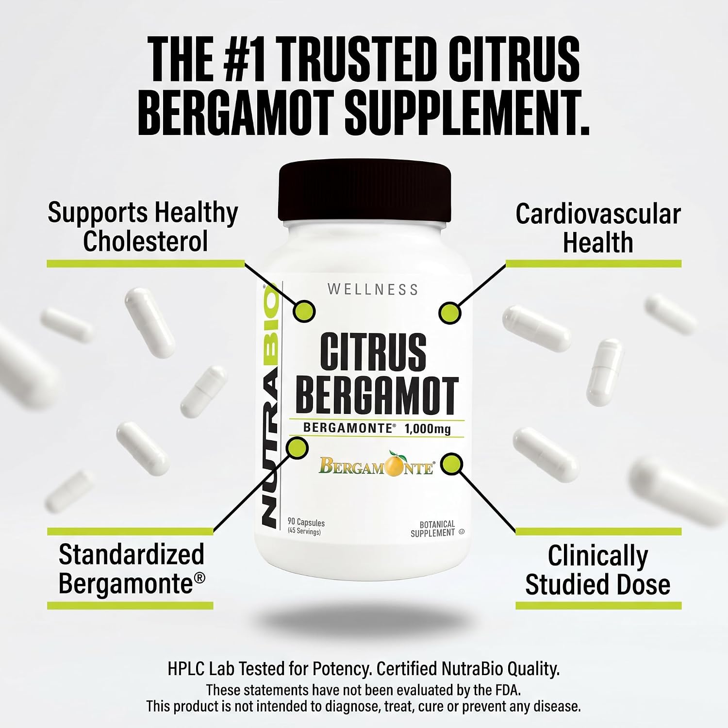 NutraBio Extracto de Bergamota Cítrica Bergamonte® 1000mg, 90 Cápsulas