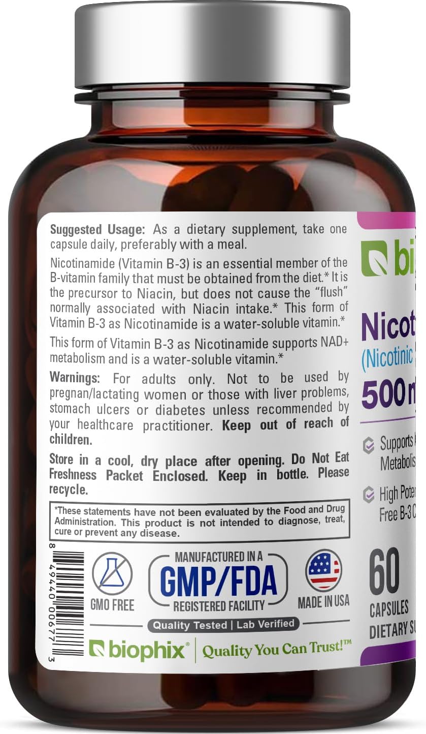 biophix B-3 Nicotinamida 500 mg 60 Cápsulas - Nicotinamida Pura Sin Enrojecimiento - Apoyo a la Salud de la Piel y Energía
