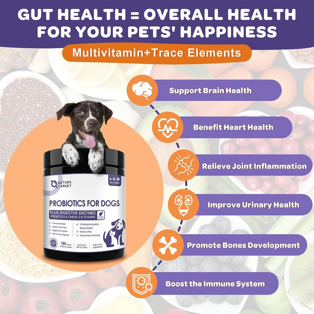 NATURE TARGET Probiotics for Dogs, 6 Billion CFUs, Freeze Dried Dog Probiotics with Prebiotics & Enzymes for Dogs, 180 Count